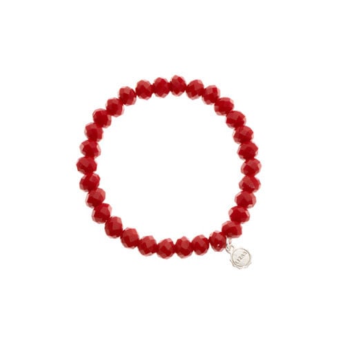 Stretchy beaded bracelet with faceted dark red glass beads