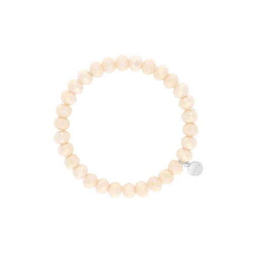 Stretchy beaded bracelet with faceted light apricot glass beads.