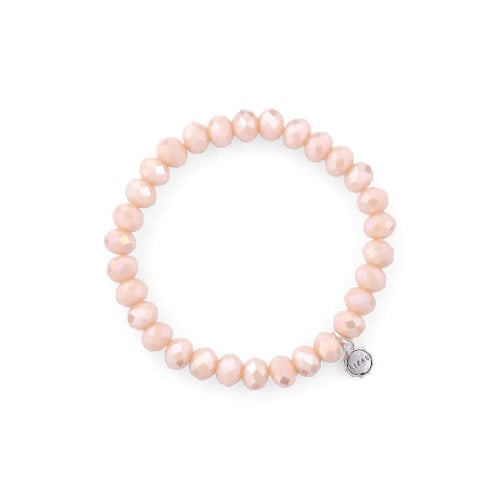 Stretchy beaded bracelet with faceted light beige glass beads.