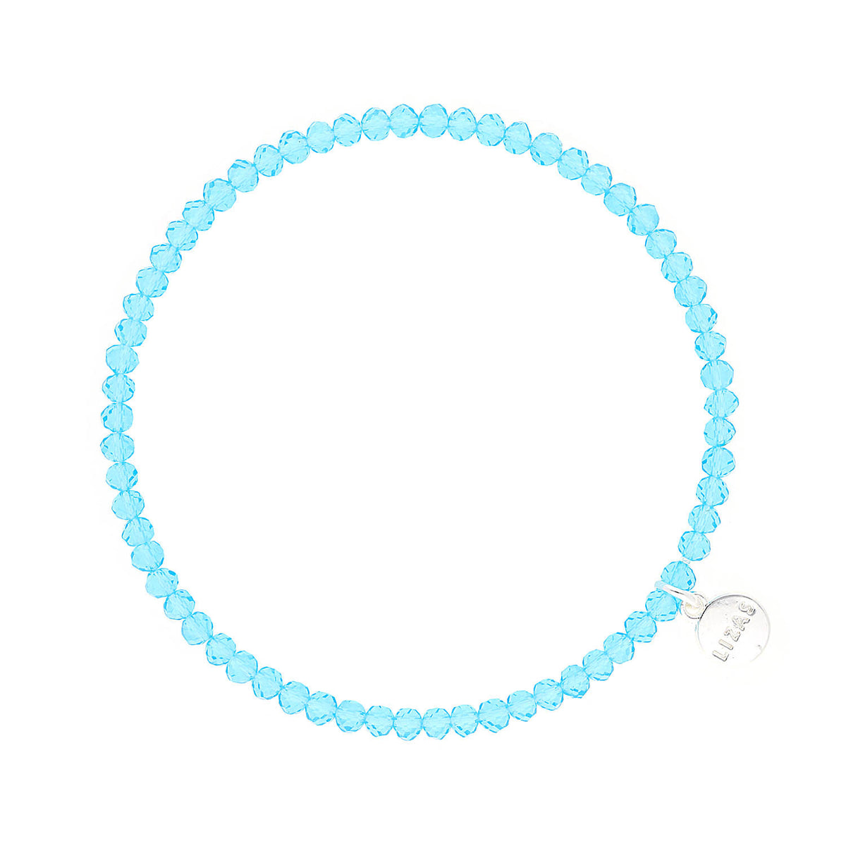 Stretchy bracelet with faceted aqua glass beads on a clear elastic cord.