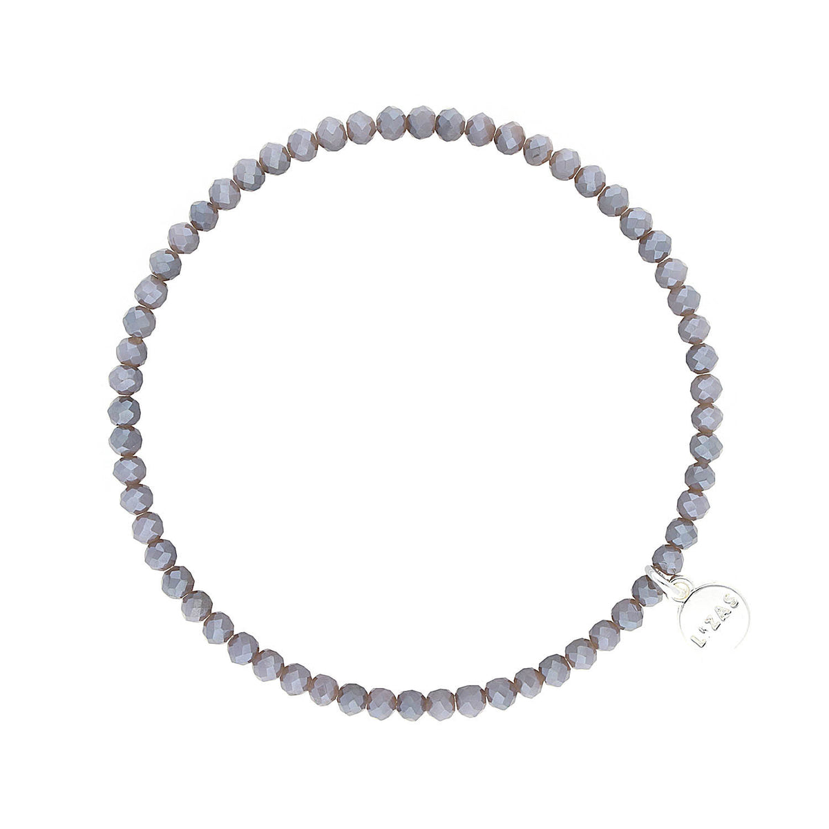 Stretchy bracelet with faceted grey opal glass beads on a clear cord.