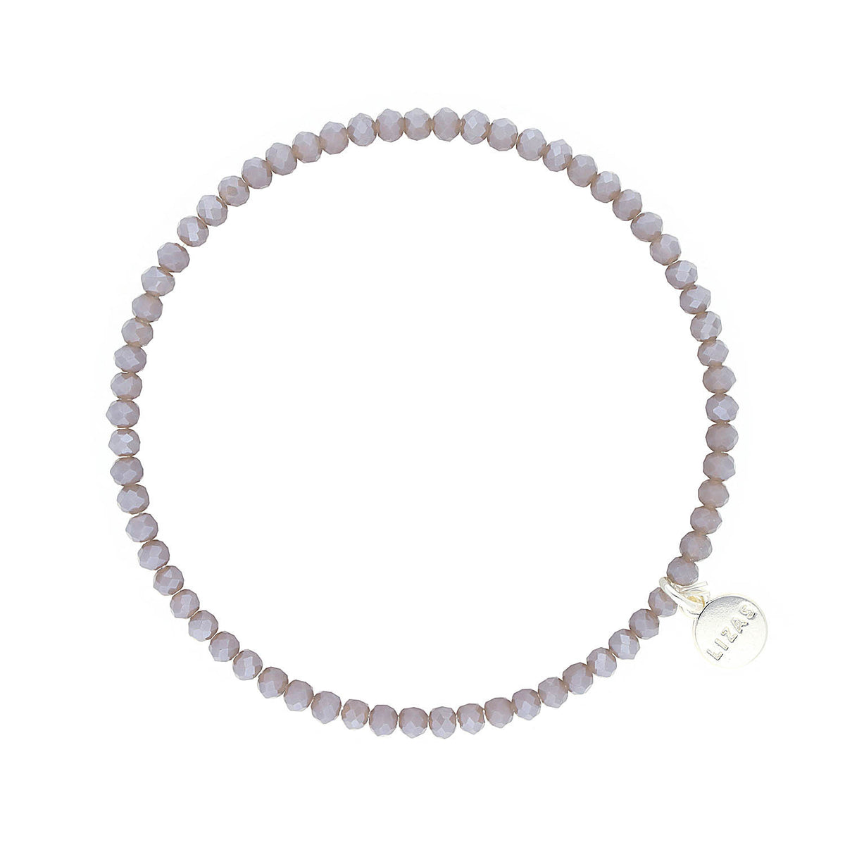 Stretchy bracelet with faceted grey glass beads on a stretch cord.