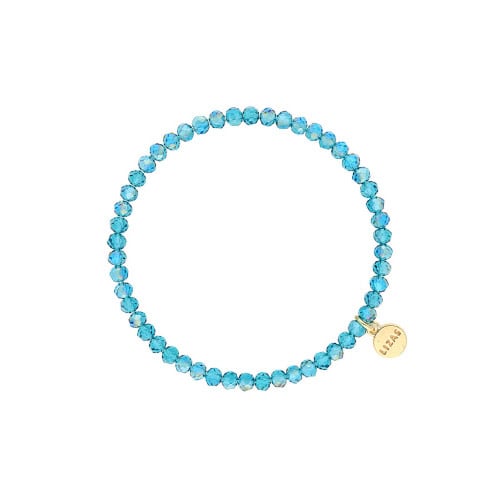 Stretchy beaded bracelet with faceted blue zircon glass beads on a stretch cord.