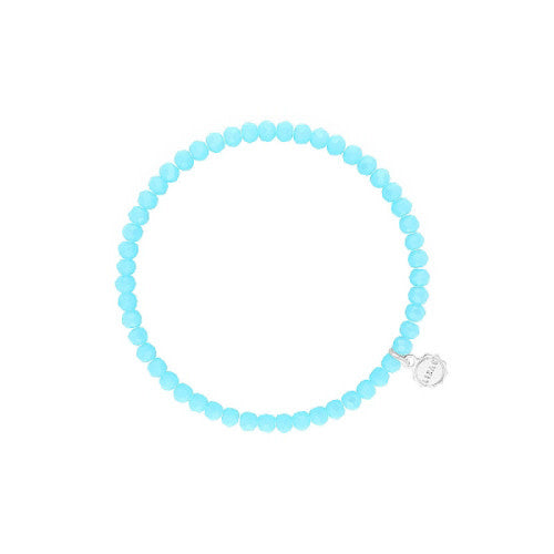 Stretchy beaded bracelet with faceted light blue glass beads.