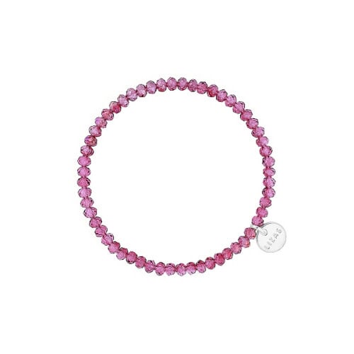 Stretchy magenta beaded bracelet with faceted glass beads.