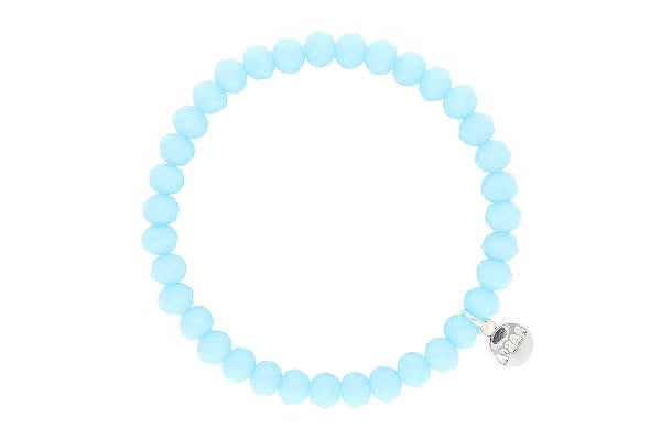 Stretchy beaded bracelet with faceted glass beads in baby blue.