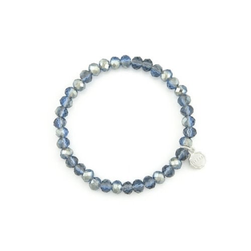 Stretchy beaded bracelet with faceted glass beads in a blue mixed color pattern.