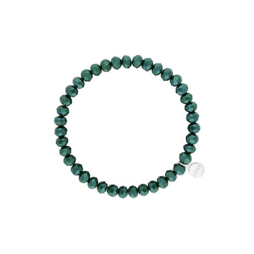 Stretchy beaded bracelet with faceted dark green glass beads.