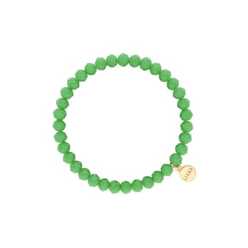 Stretchy bracelet with faceted green glass beads on a stretch cord.
