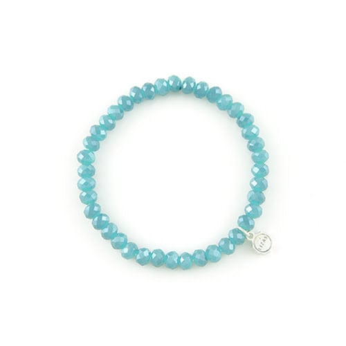 Stretchy beaded bracelet with faceted light blue glass beads.