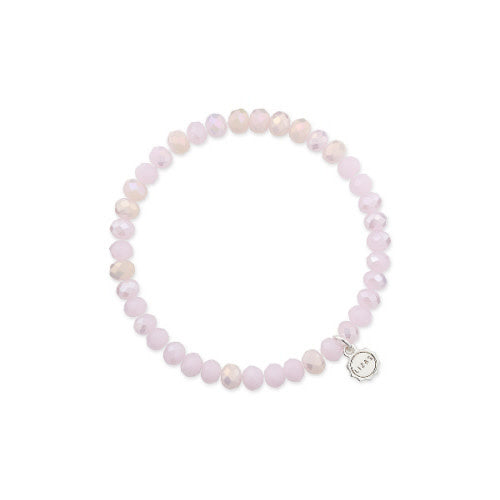 Stretchy beaded bracelet with faceted glass beads in light rose and three colors.