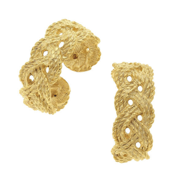 Handcast gold-plated braided hoop earrings with rope-engraved texture.