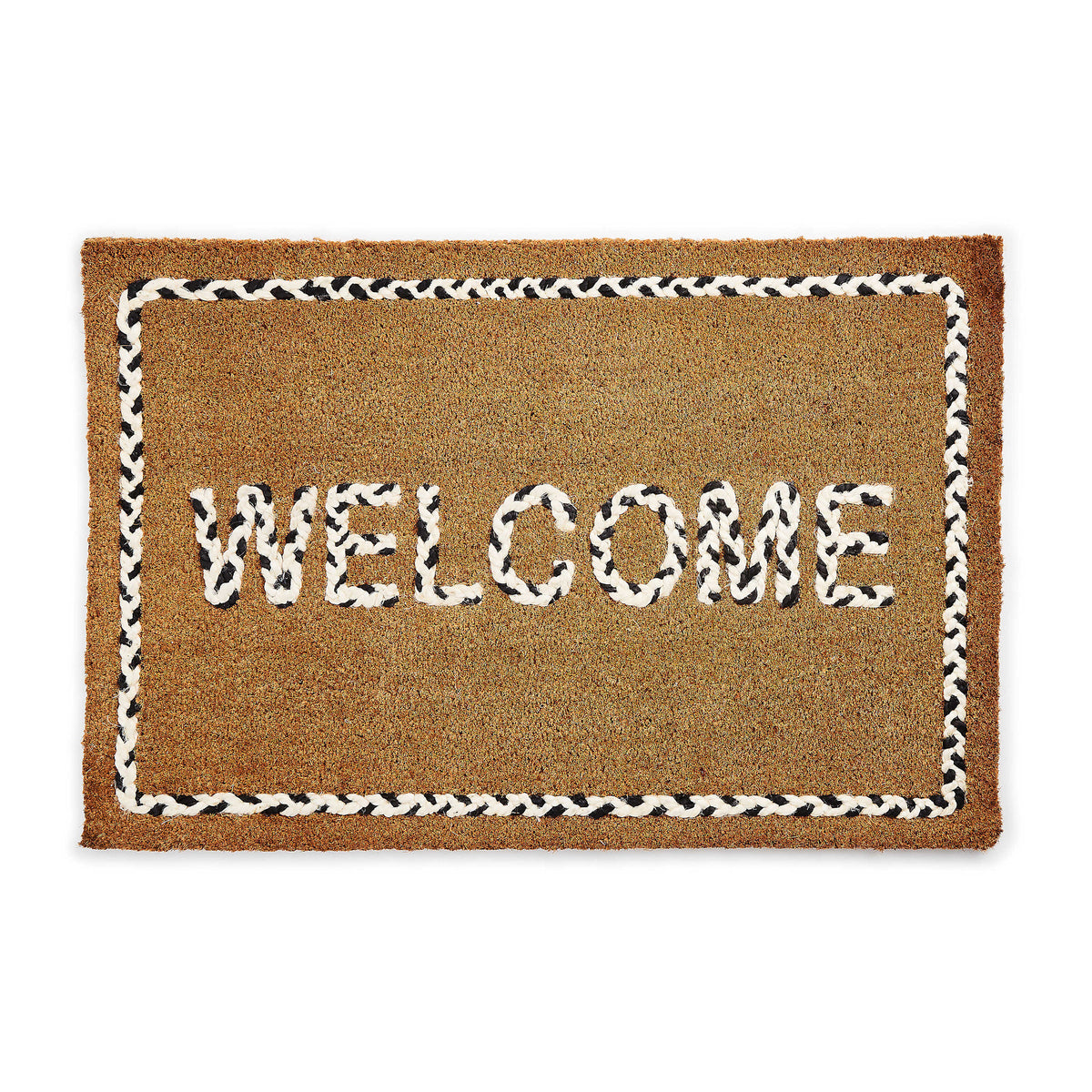 Braided coir entrance mat with inset welcome message