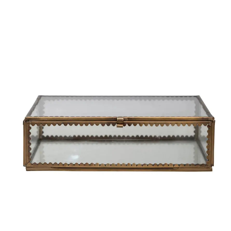 Brass display box with scalloped edges and antique finish