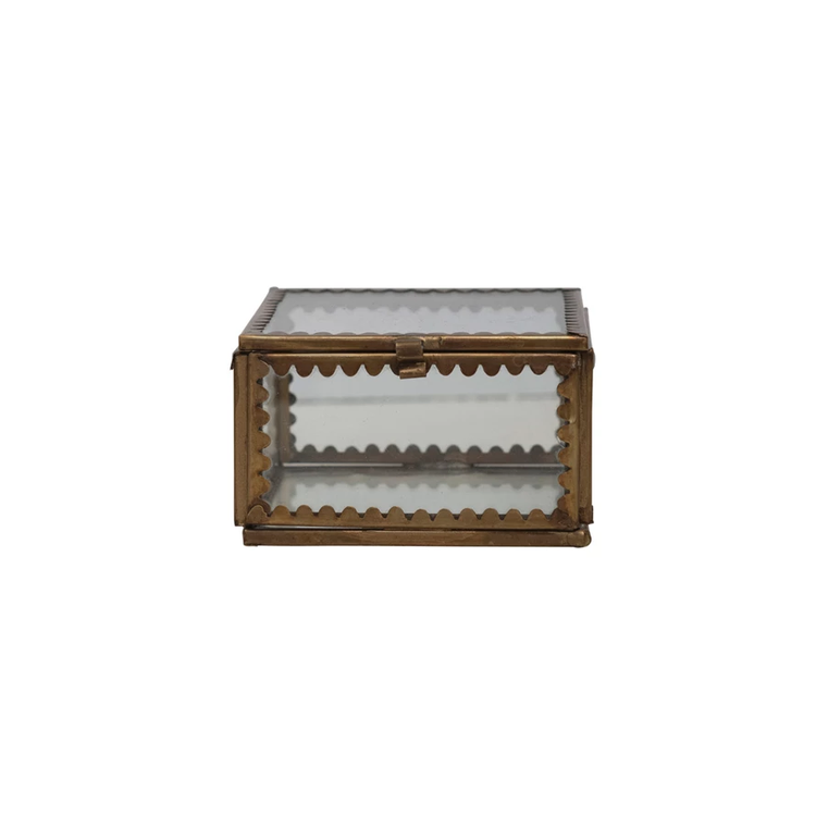 Square brass display box with scalloped edges, antique finish glass top frame, and vintage hinges.