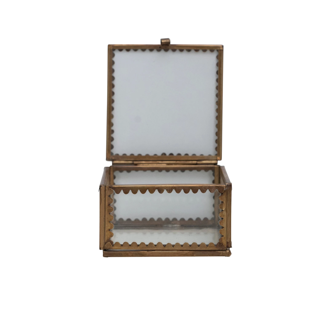 Square brass display box with glass top, antique finish frame, scalloped edges, and vintage hinges.