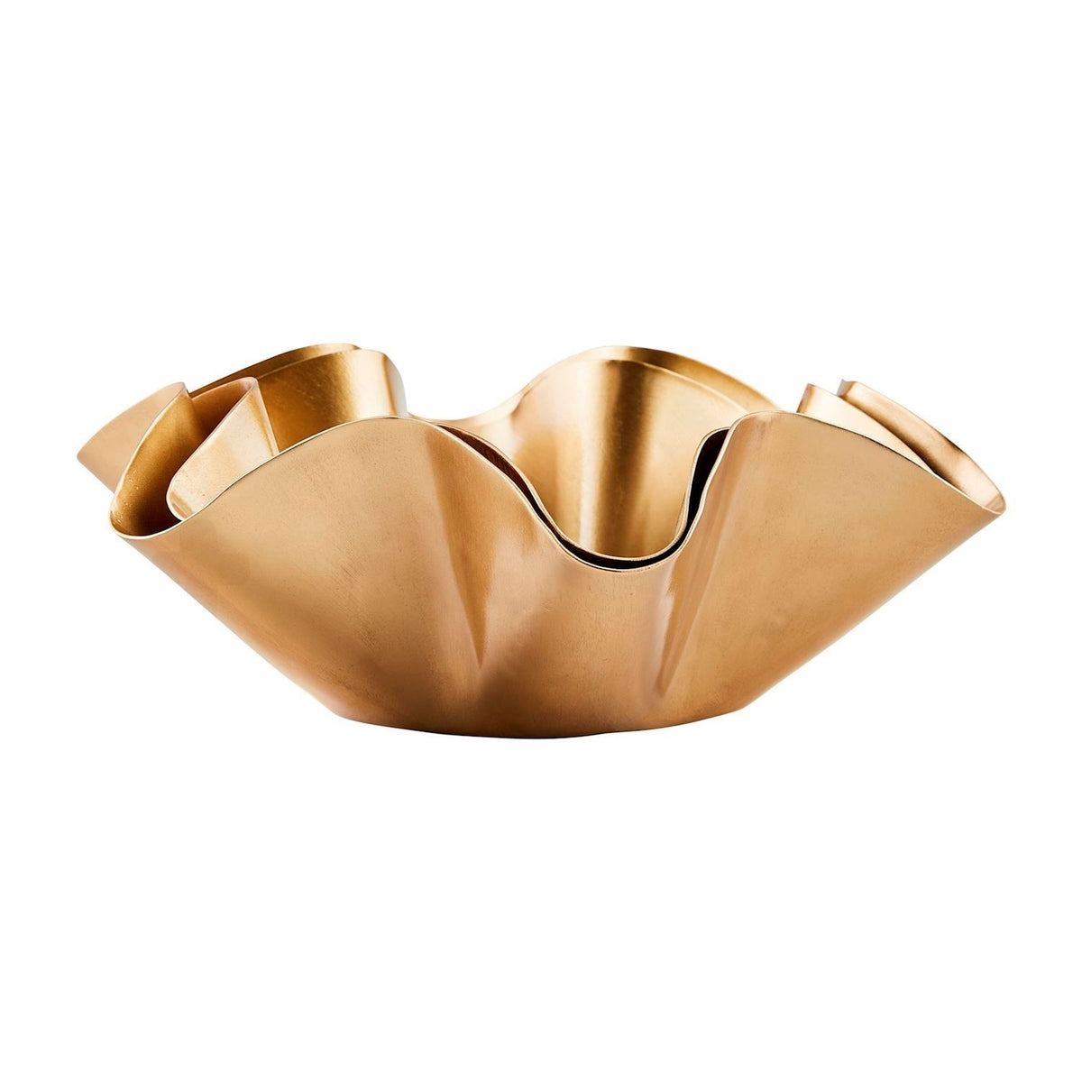 Nested cast aluminum bowls with shiny brass finish and ruffled edges.