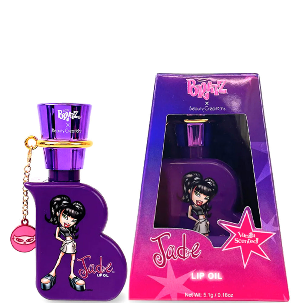 Bratz X Beauty Creations lip oil in a clear bottle with pink liquid.