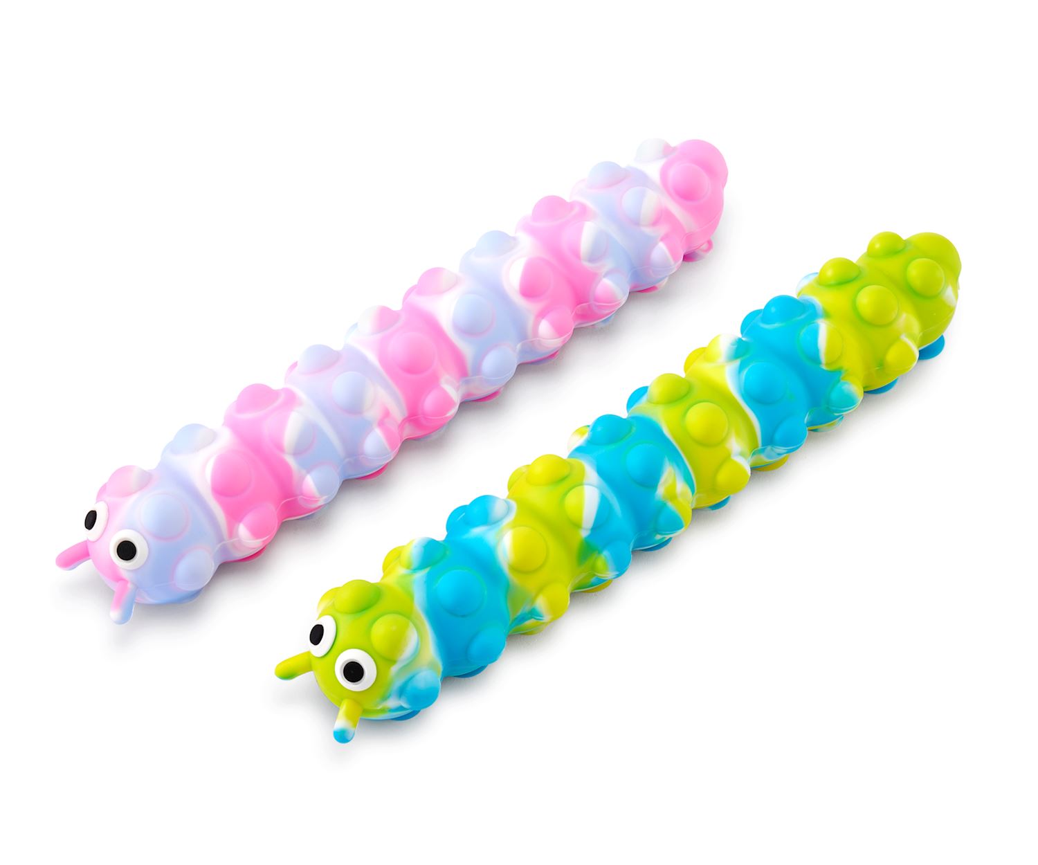 Silica gel pop it caterpillar fidget toy in green with black segmented body and yellow accents.