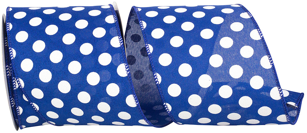 Blue and white polka dot wired edge ribbon, 4 inches wide, made of 100% polyester.