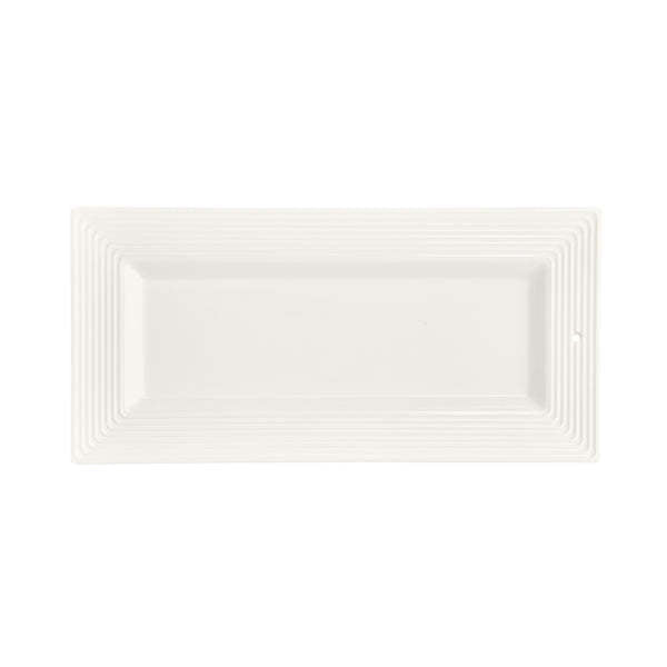 Striped ceramic bread tray with a modern rectangular shape.