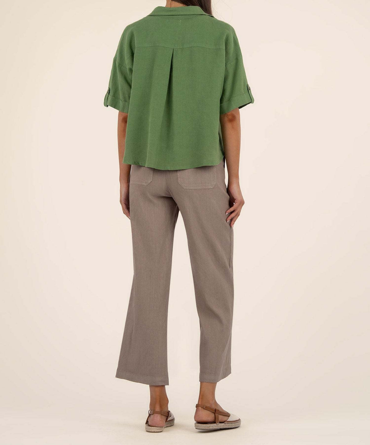 Ivy Breland boxy shirt in natural linen-rayon blend with short sleeves and front button closure.