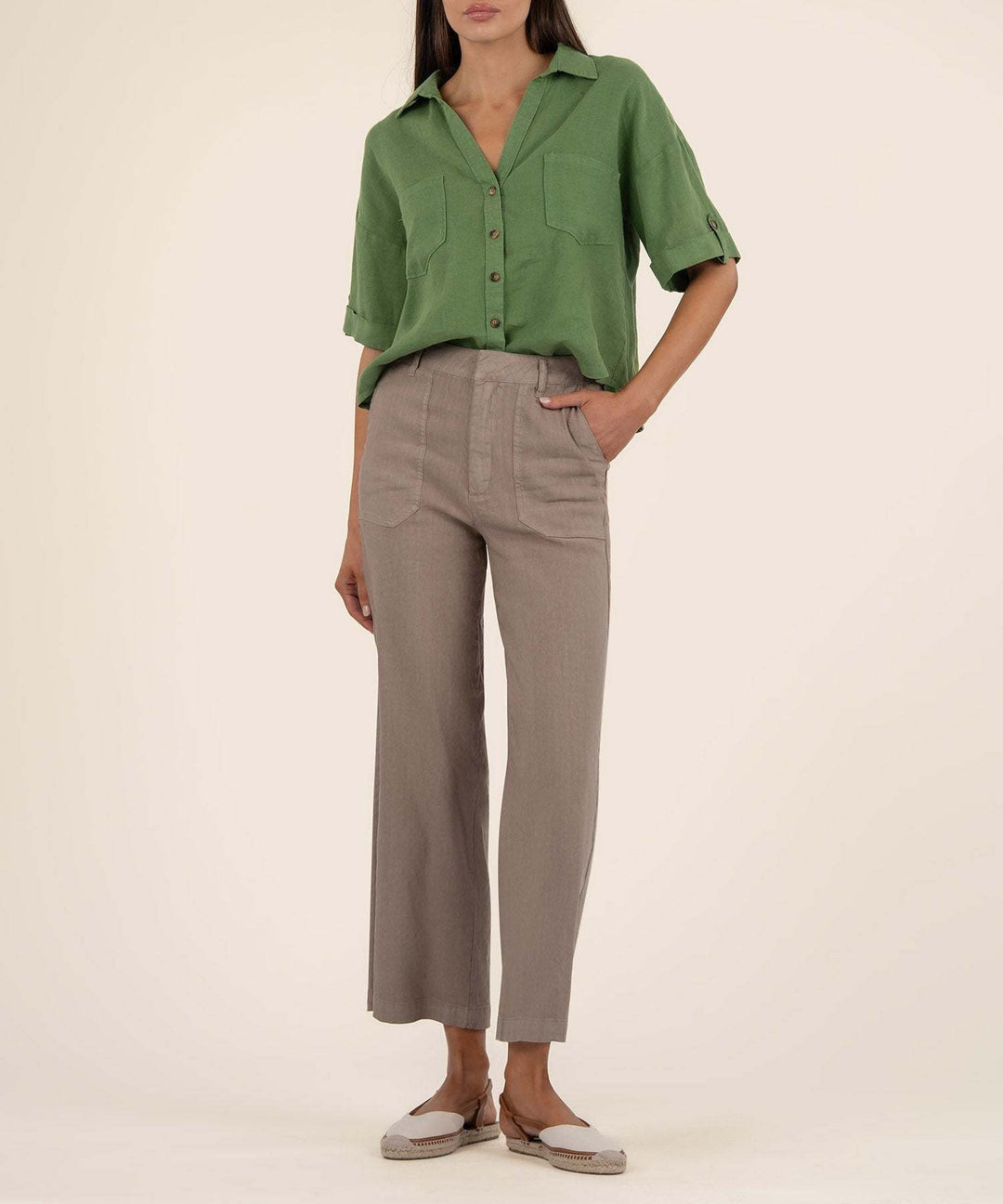 Ivy Breland-Boxy Button Front Shirt with Short Sleeves & Pocket