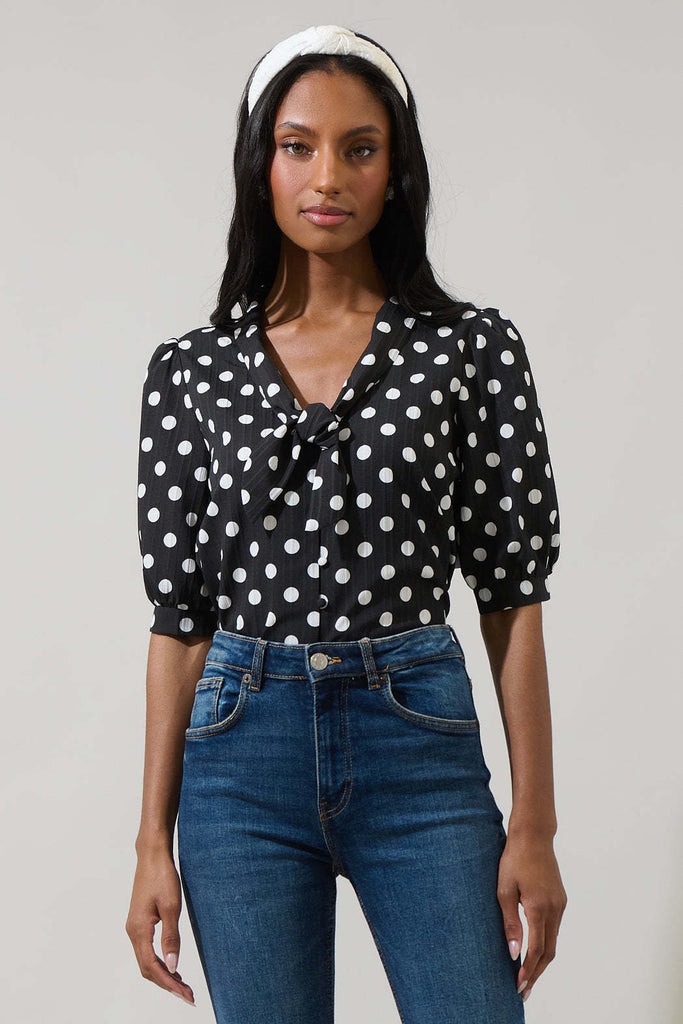 Bremen Dot Conley Blouse: Polka Dot Button Down with Puff Sleeves
