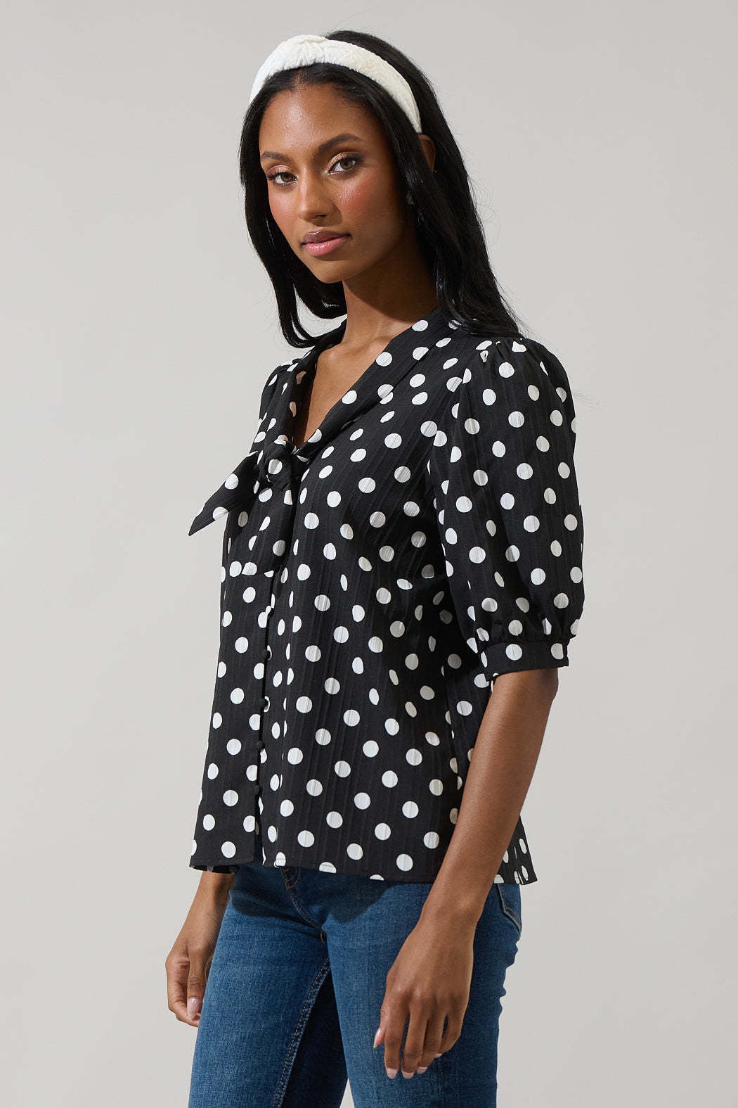 Bremen Dot Conley Blouse: Polka Dot Button Down with Puff Sleeves