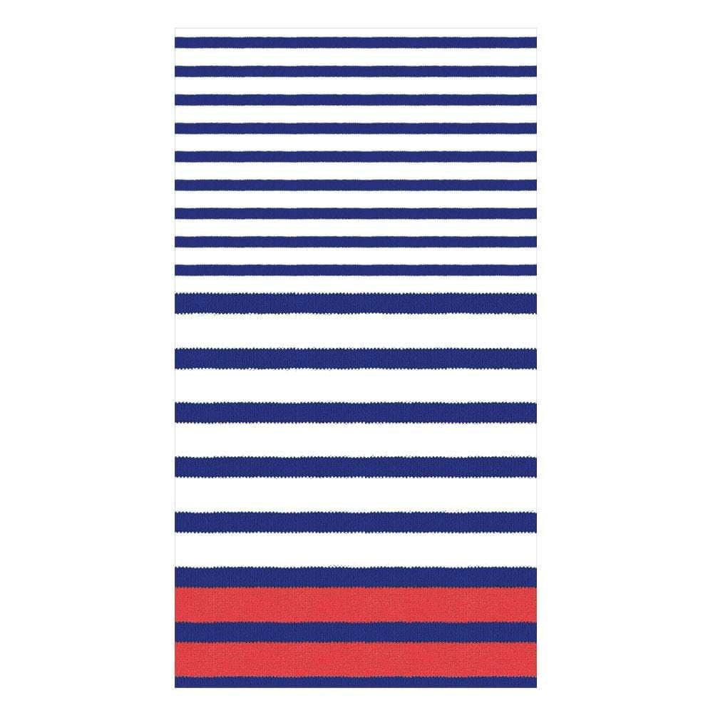 Blue Breton stripe guest towel napkin made from paper linen with a rectangular silhouette.