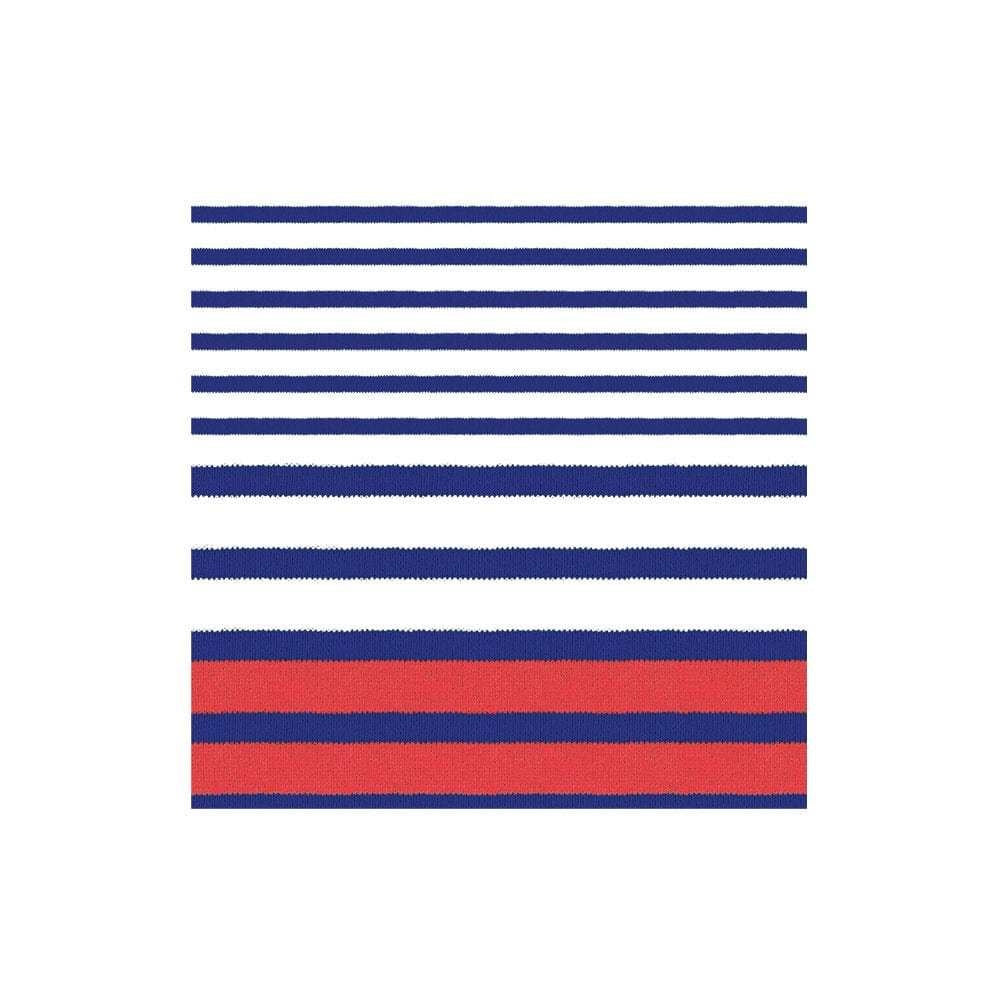 Blue triple-ply cocktail napkins with a Breton stripe pattern.