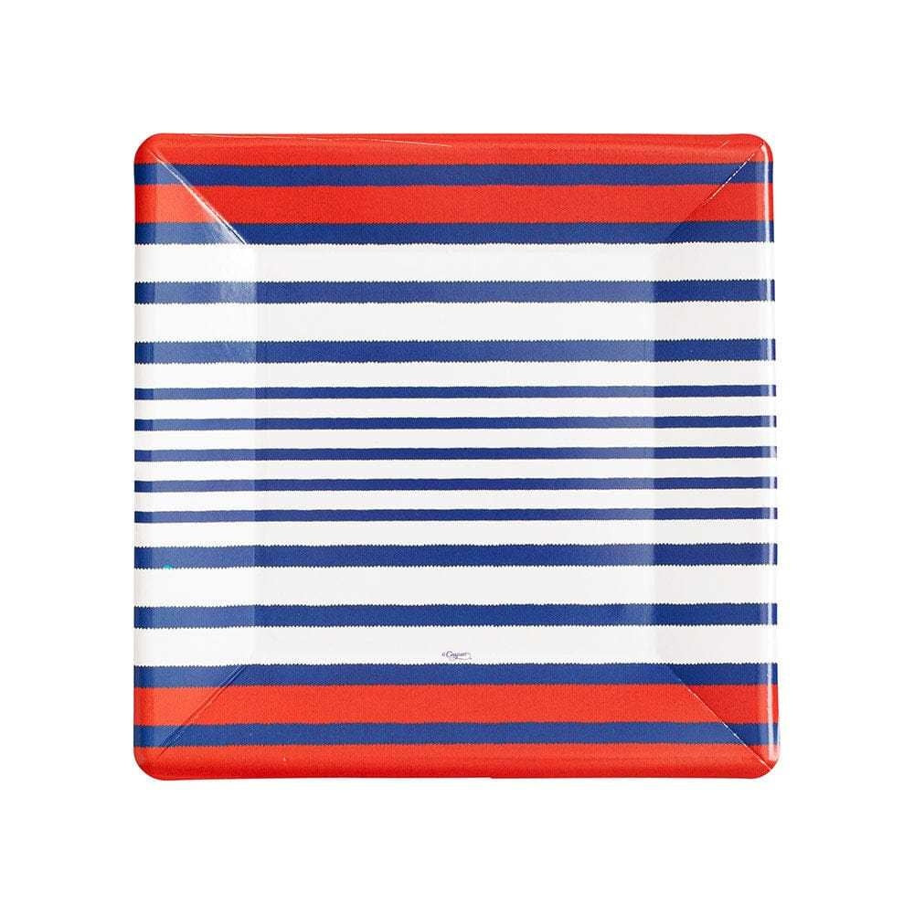 Square salad plates in blue with a white Breton stripe pattern on durable paper.