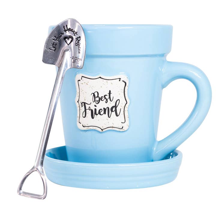 White ceramic flower pot mug with saucer lid and stainless steel garden spade spoon featuring scripture verse.