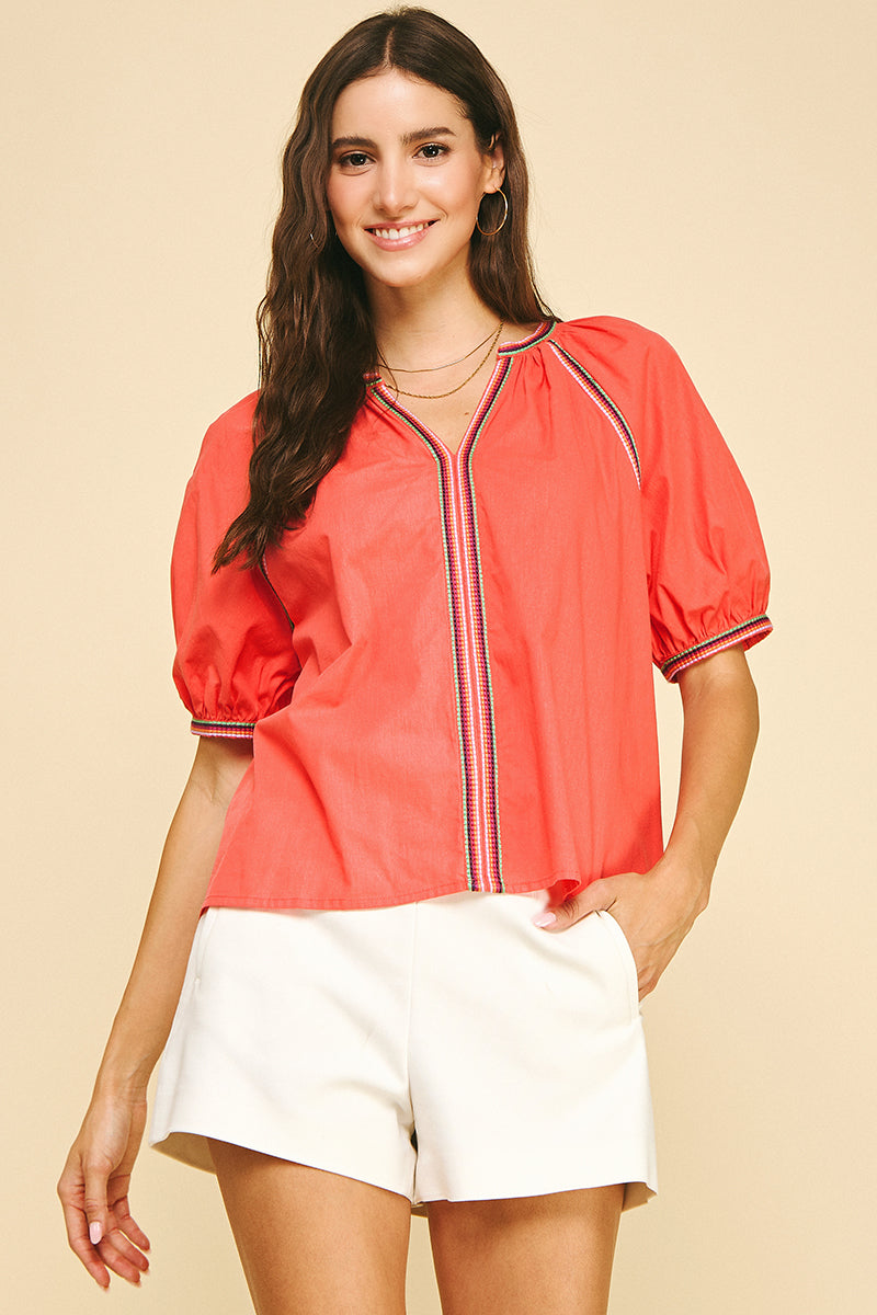 Leah Contrast Stitch Detailed Blouse Top