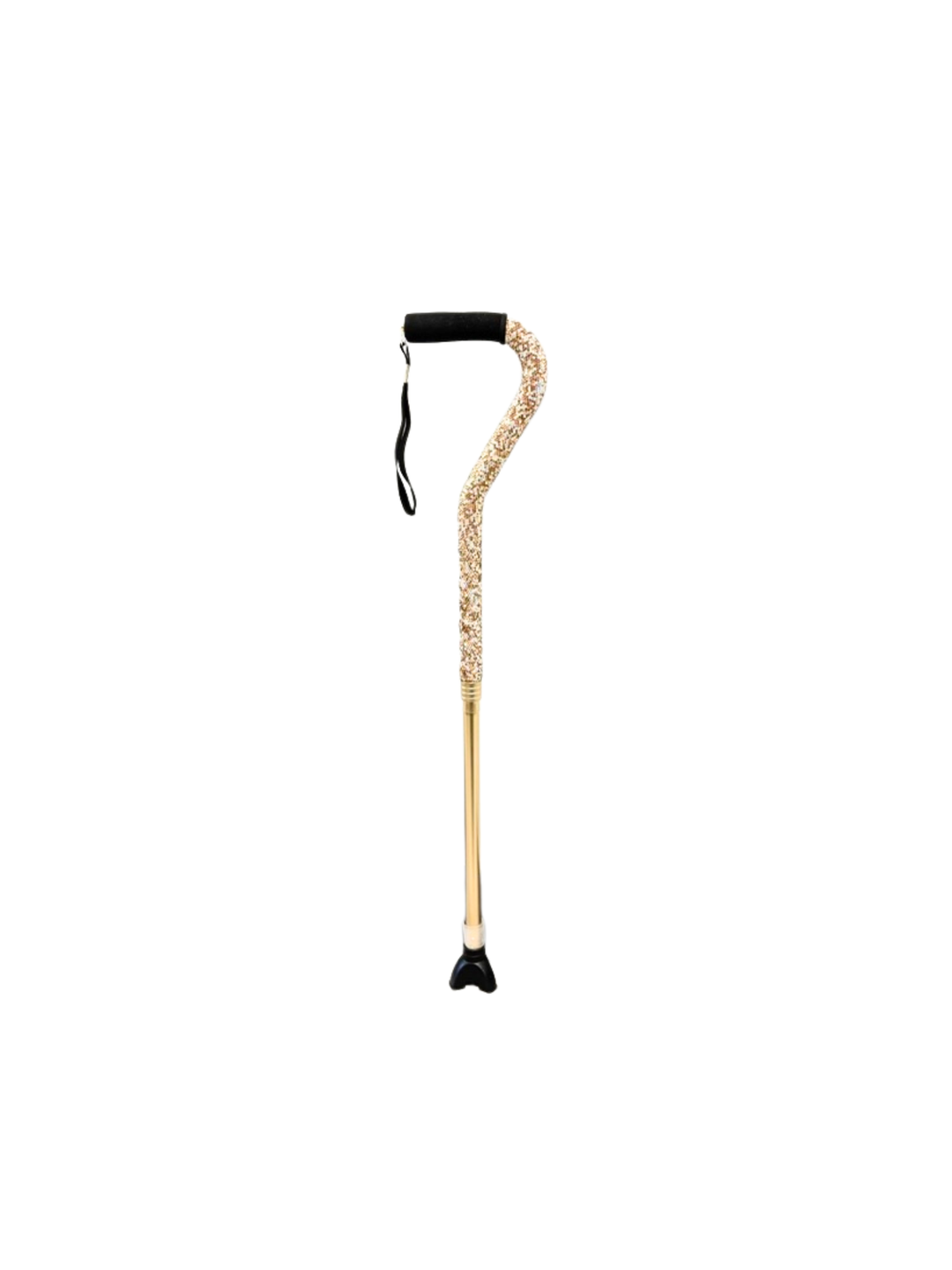 Rhinestone walking cane with a gold glitter shaft, black foam handle, and a black rubber tip.