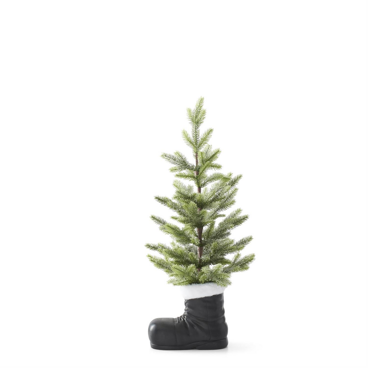 28-inch artificial snowy pine tree planted inside a black Santa boot with white faux fur trim.