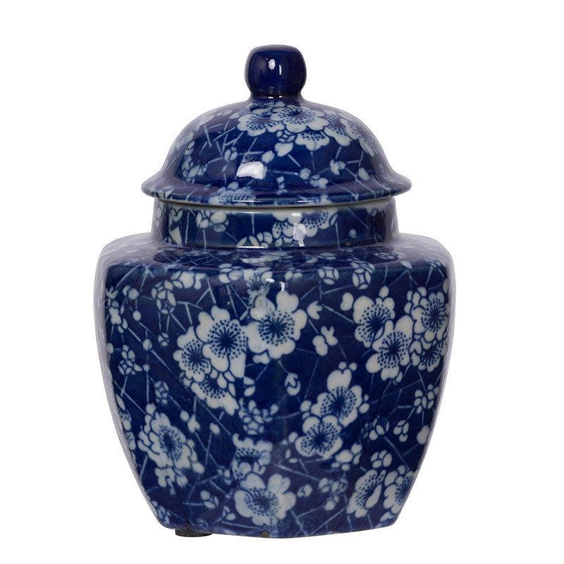 Leith blue-and-white porcelain decorative jar with a square silhouette.