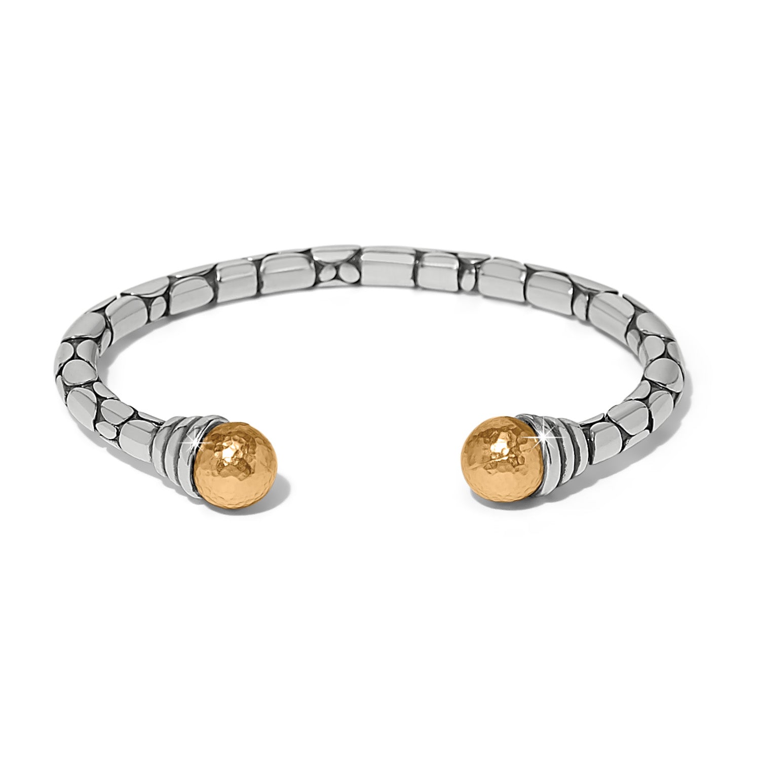Pebble Link Two Tone Open Flex Cuff Bracelet with silver links and hammered gold ball ends.