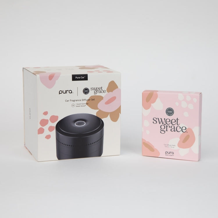 Black Bridgewater Pura car diffuser with Sweet Grace scent featuring motion sensor technology and USB-C charging.