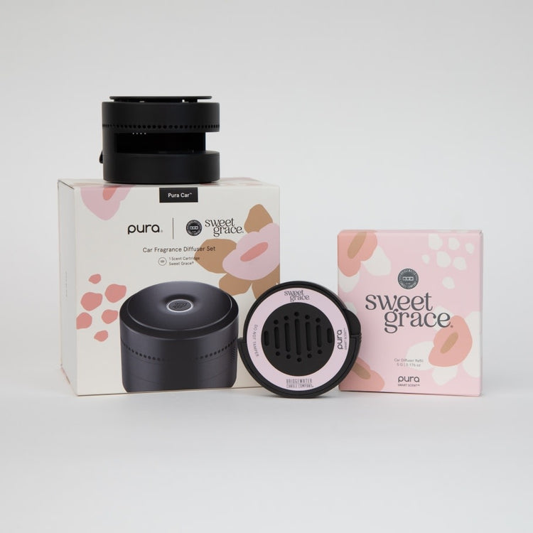 Black Bridgewater Pura car diffuser with Sweet Grace scent featuring USB-C port and motion sensor.