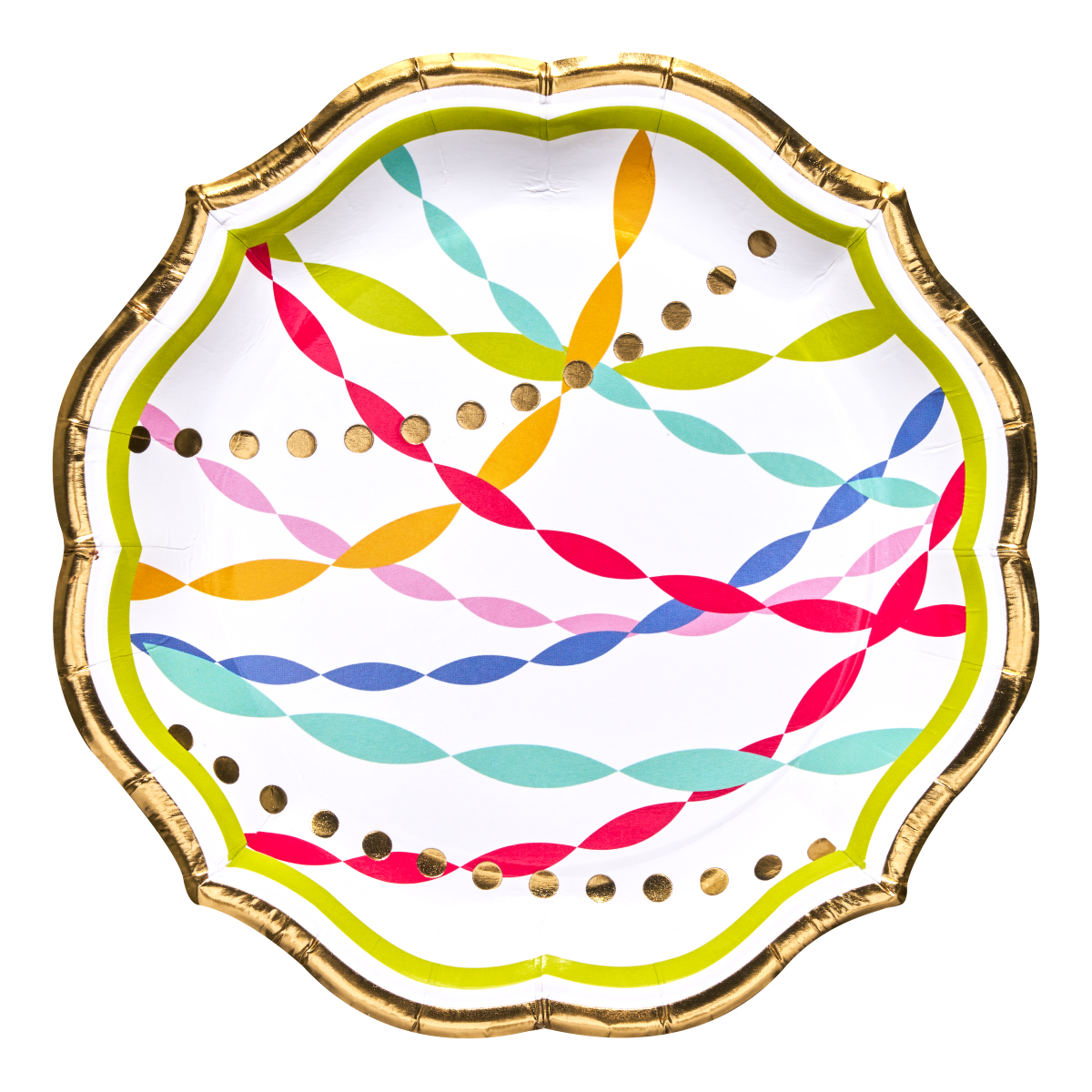 Bright Birthday salad plates with metallic gold trim on white paper