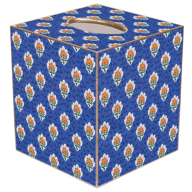 Bright blue provincial print tissue box cover with gold edge accents