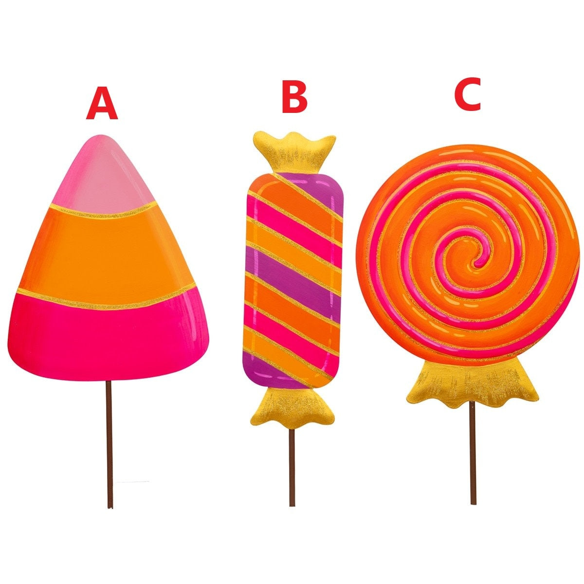 Bright Candy Halloween stake featuring a colorful candy corn shape with yellow, orange, and white stripes.
