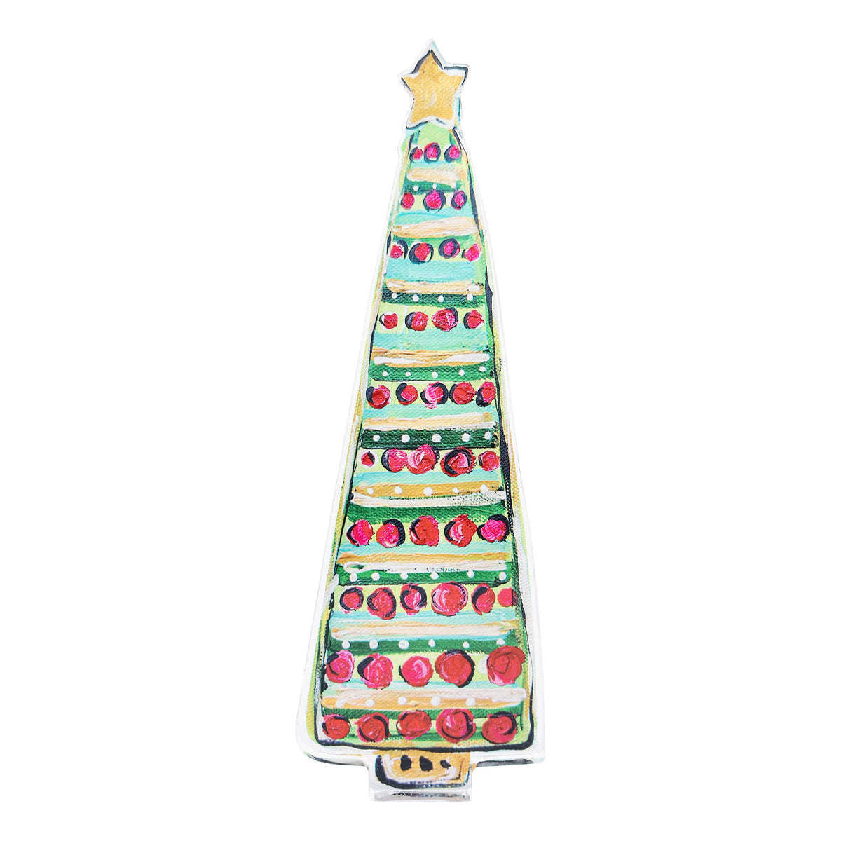 Double-sided acrylic stand featuring a bright gold Christmas tree with green accents on one side.