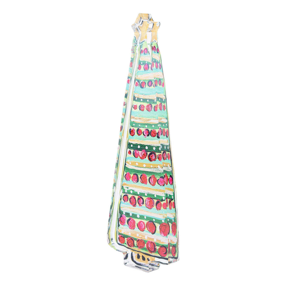 Double-sided acrylic stand featuring a bright gold Christmas tree with green accents.