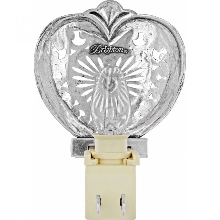 Silver plated heart-shaped nightlight with a visible bulb inside