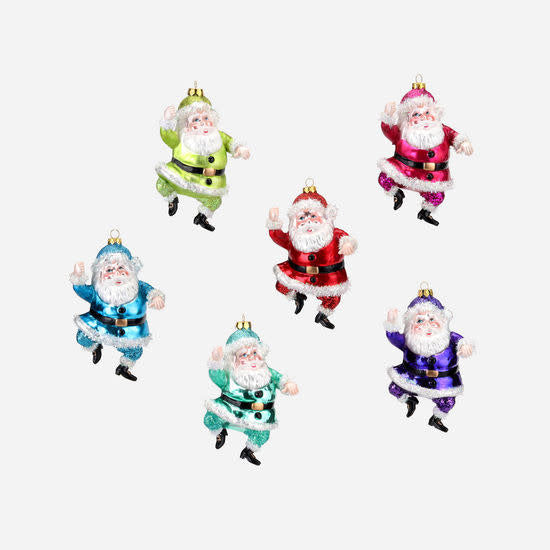 Glass Santa ornament with bright red suit and white beard hanging from a gold loop.