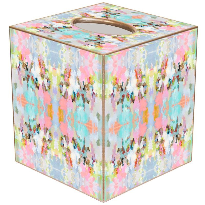 Hand-painted gold-edged paper mache tissue box cover with a square silhouette.