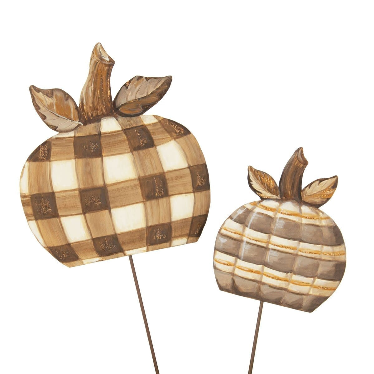 Brown plaid pumpkin stake with rustic fall decor pattern