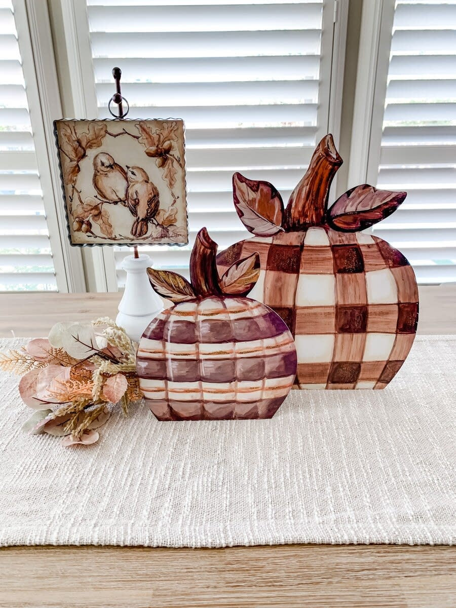 Brown plaid pumpkin stake with rustic fall decor pattern